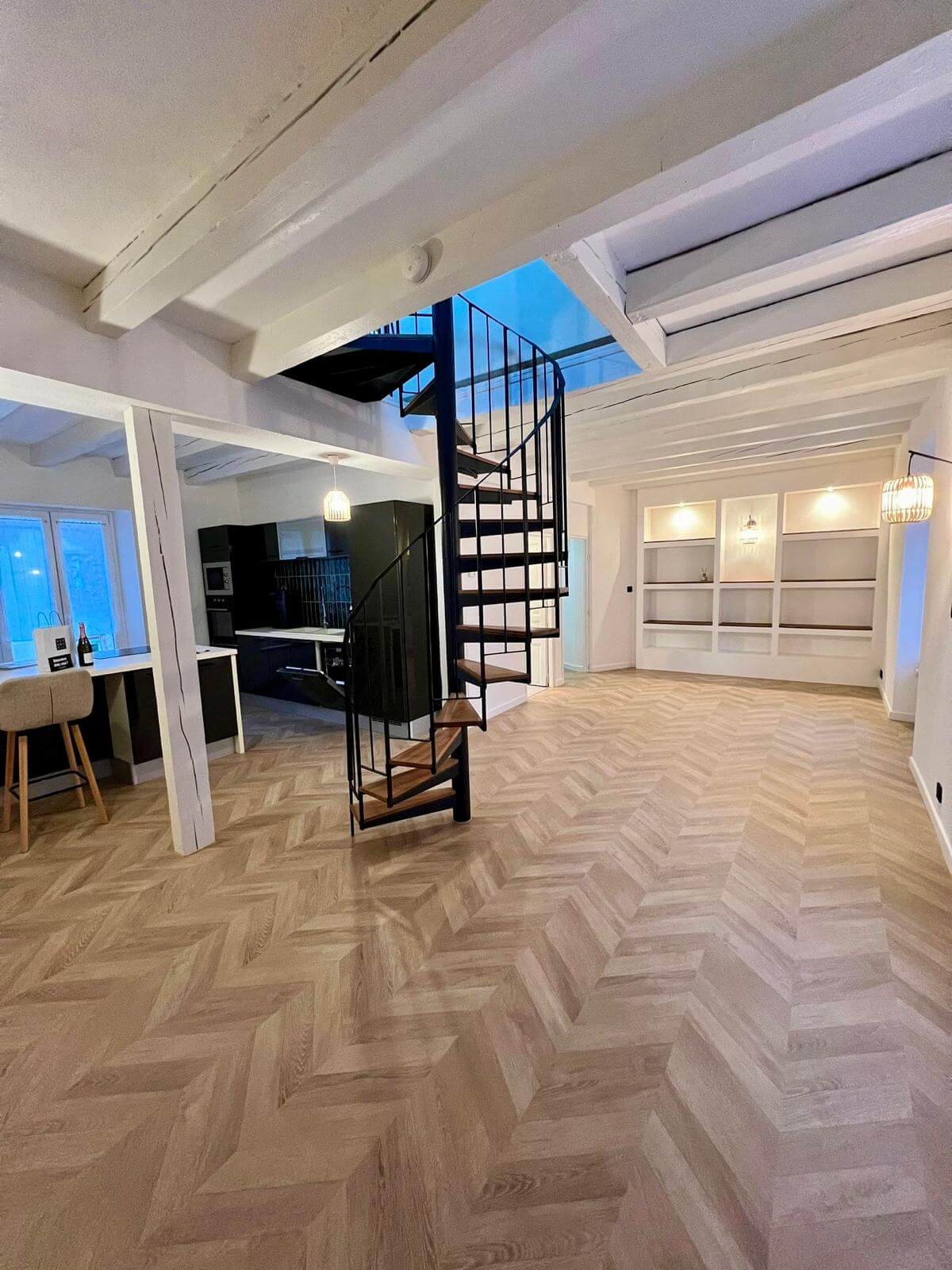 Parquet chevron & escalier colimaçon